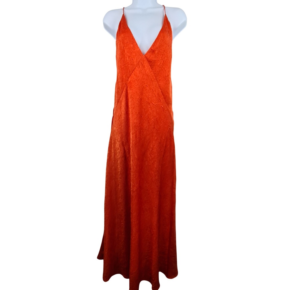 Significant Other Arielle Orange Crinkled Plunging Maxi Dress 2 Open Back Satin